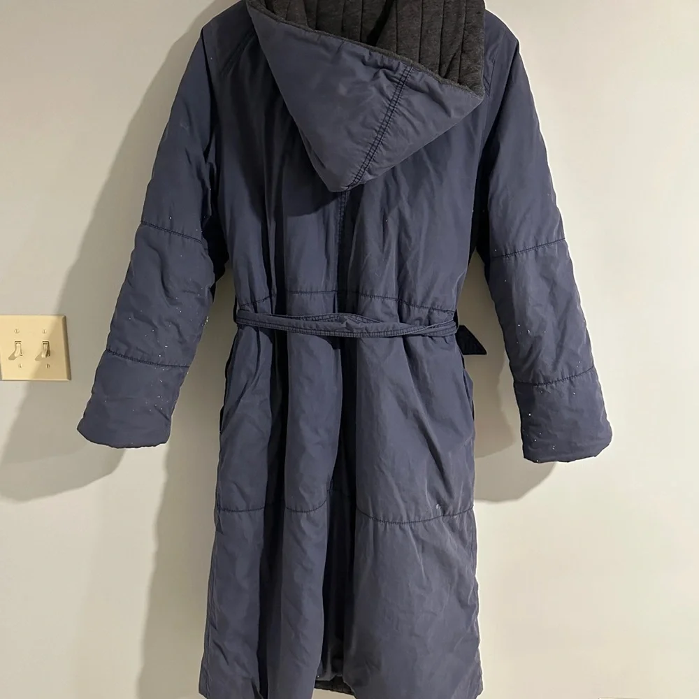 Free People Navy and Charcoal Hooded Poplin Blanket Coat
